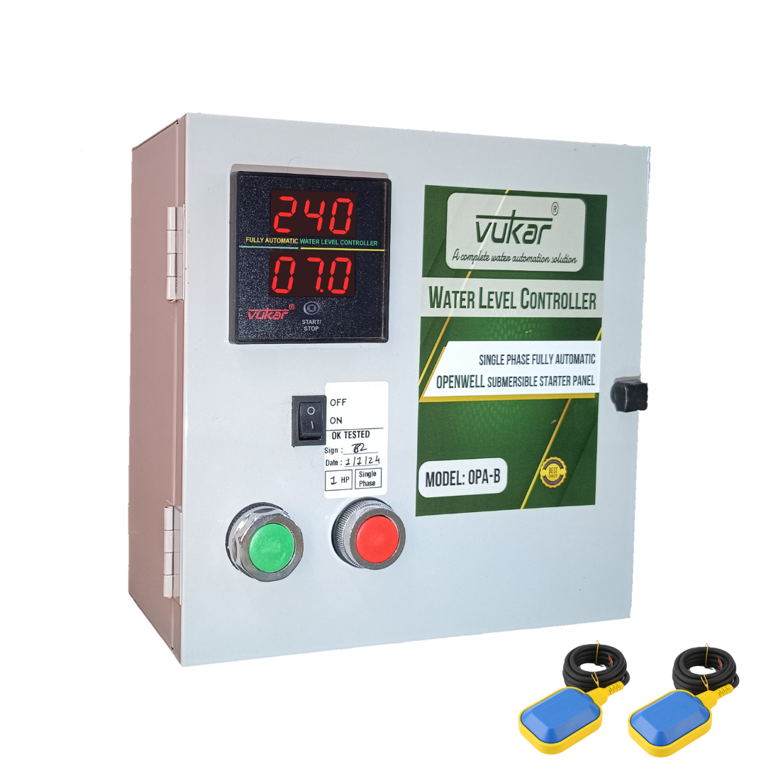 Single Phase Digital Fully Automatic Water Level Controller Openwell Motor Starter Panel Board with Dry Run, Overload, Voltage Protection and Dual Tank Float Switch Sensor (OPA-B)