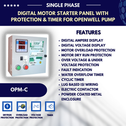 Single Phase Digital Openwell Motor Starter Panel Board with Dry Run Protection, Overload Protection, Overvoltage, Undervoltage Protection and Water Overflow Timer (OPM-C)