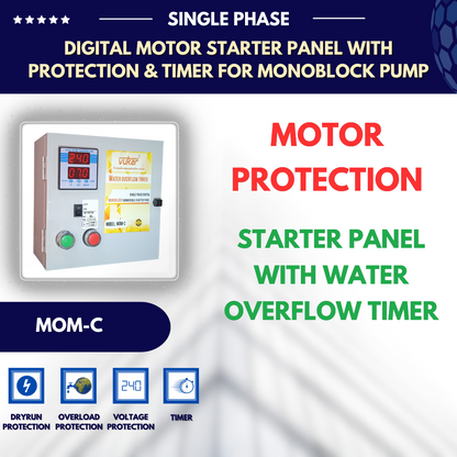 Single Phase Digital Monoblock (Tullu) Motor Starter Panel Board with Dry Run Protection, Overload Protection, Overvoltage, Undervoltage Protection and Water Overflow Timer (MOM-C)