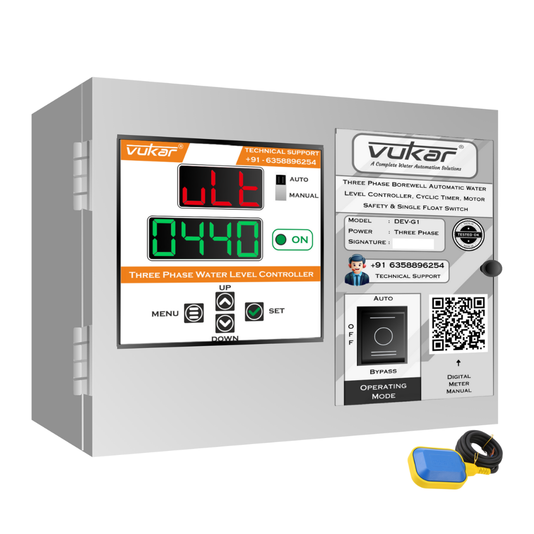 Three Phase Borewell Automatic Water Level Controller, Cyclic Timer, Motor Safety & Single Float Switch (DEV-G1)