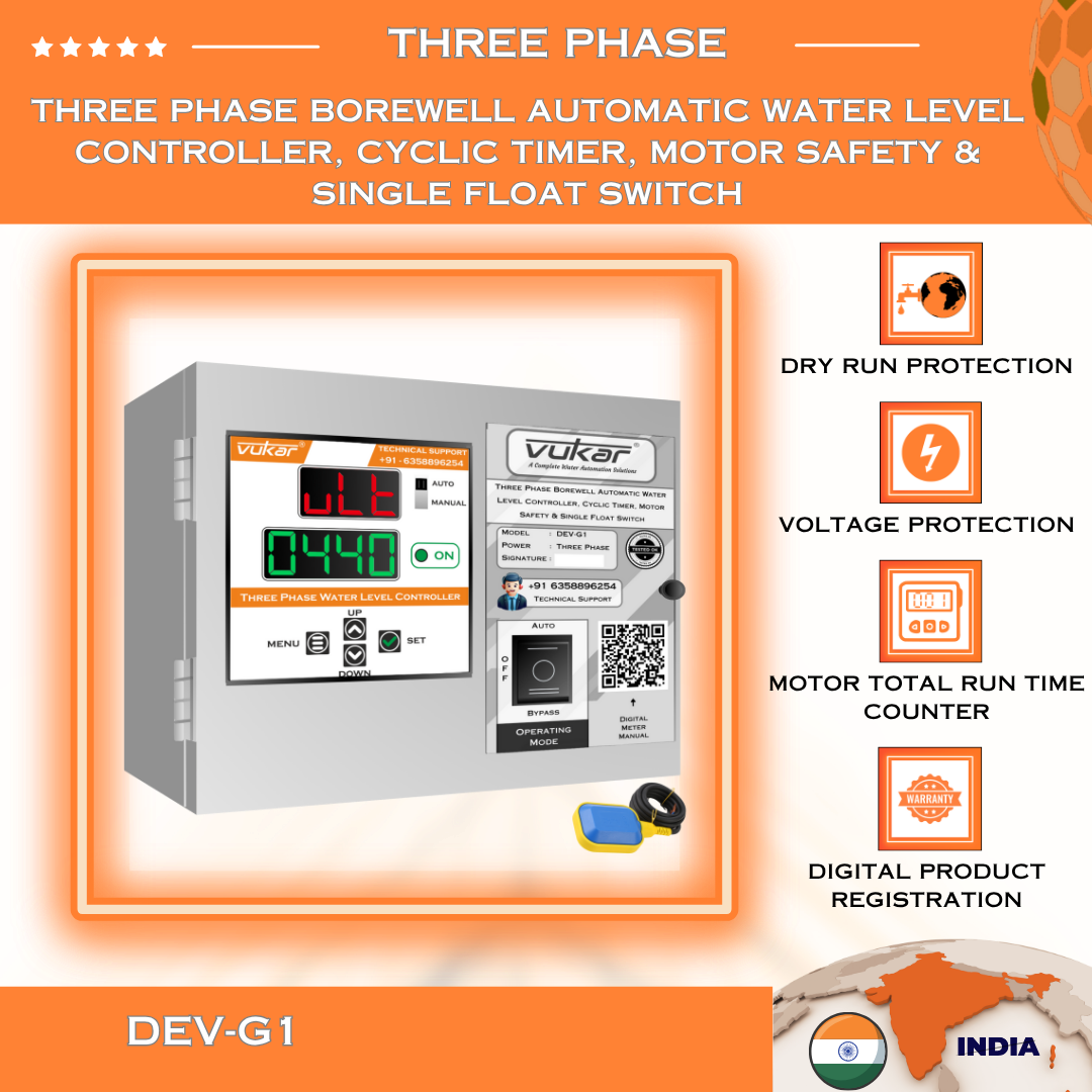 Three Phase Borewell Automatic Water Level Controller, Cyclic Timer, Motor Safety & Single Float Switch (DEV-G1)