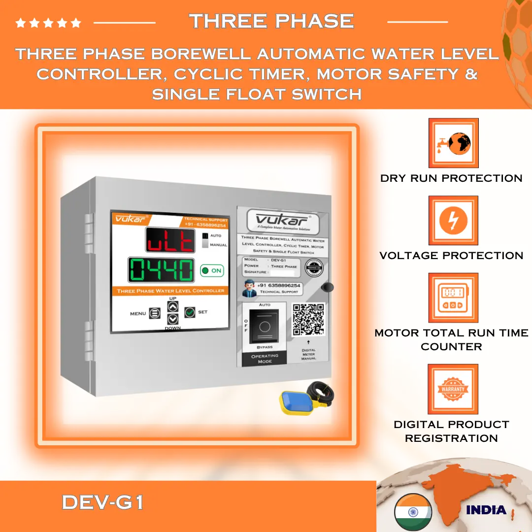 Three Phase Borewell Automatic Water Level Controller, Cyclic Timer, Motor Safety & Single Float Switch (DEV-G1) VUKAR
