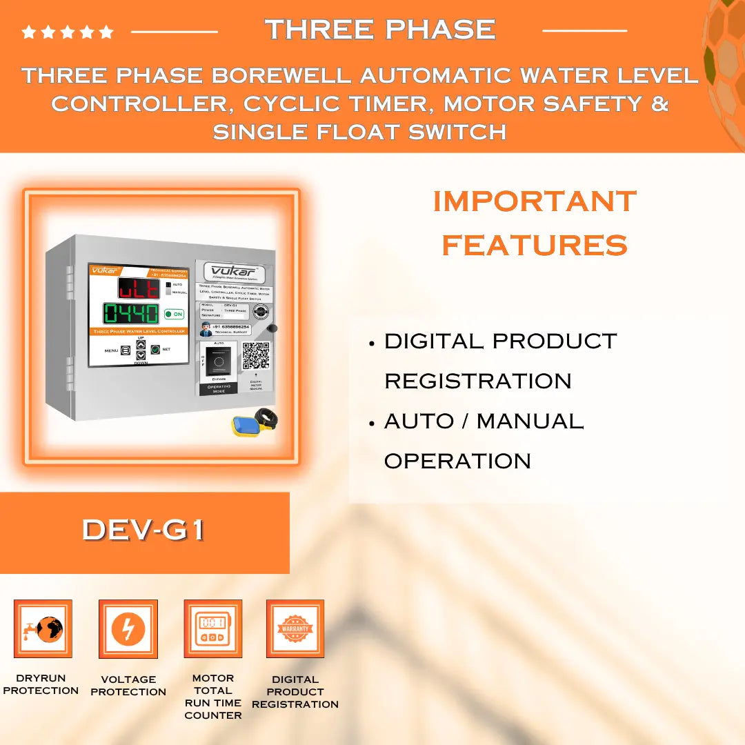 Three Phase Borewell Automatic Water Level Controller, Cyclic Timer, Motor Safety & Single Float Switch (DEV-G1) VUKAR