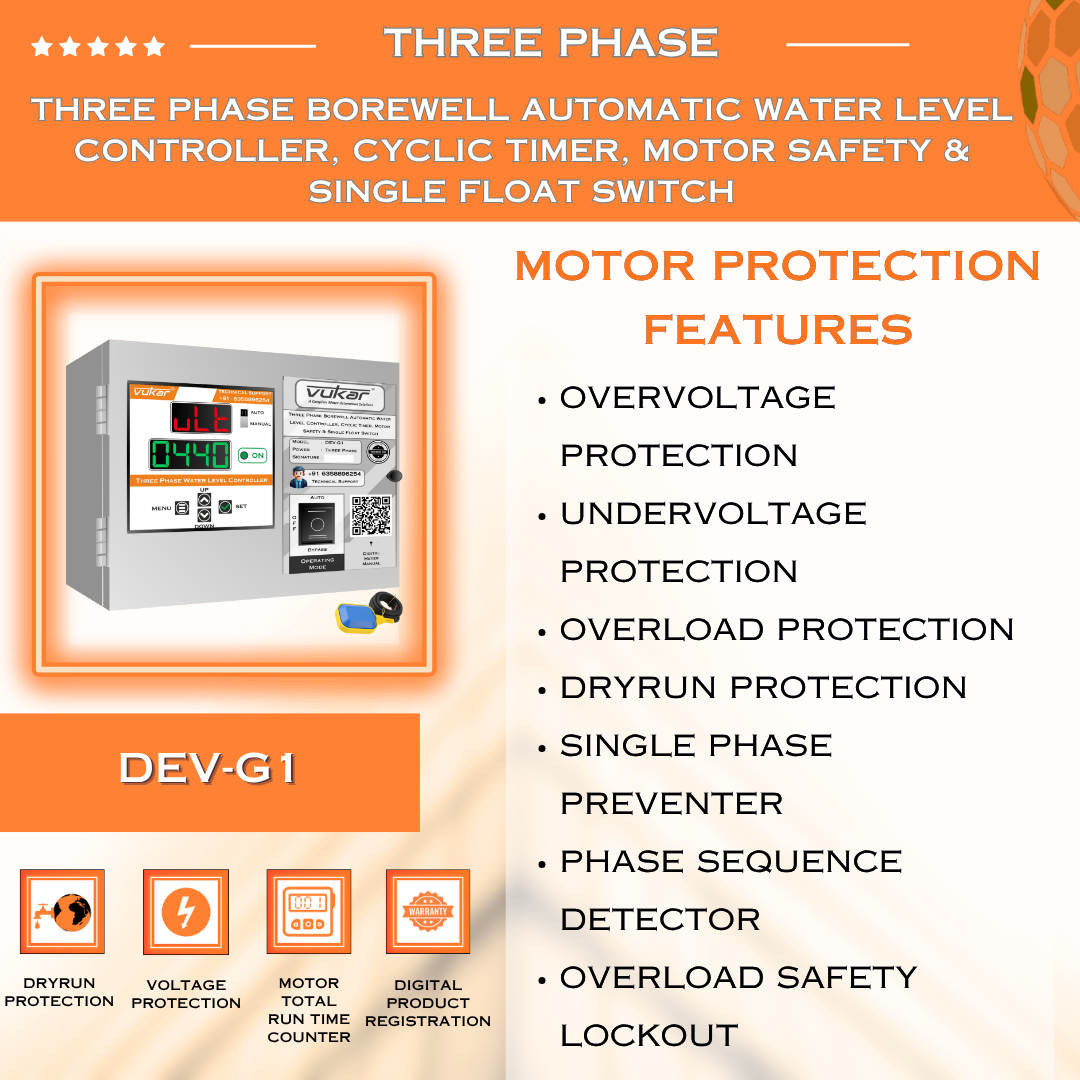Three Phase Borewell Automatic Water Level Controller, Cyclic Timer, Motor Safety & Single Float Switch (DEV-G1)