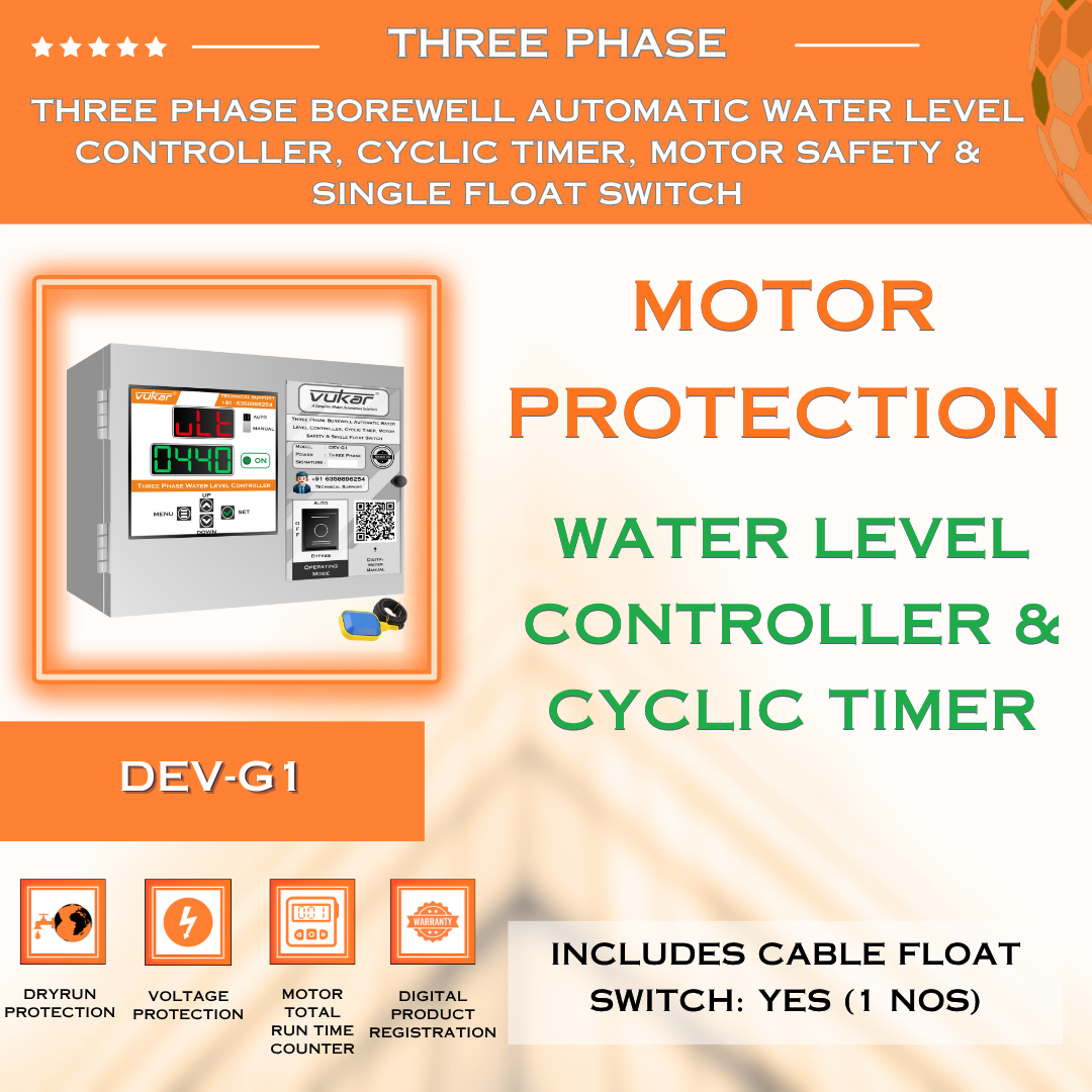 Three Phase Borewell Automatic Water Level Controller, Cyclic Timer, Motor Safety & Single Float Switch (DEV-G1)