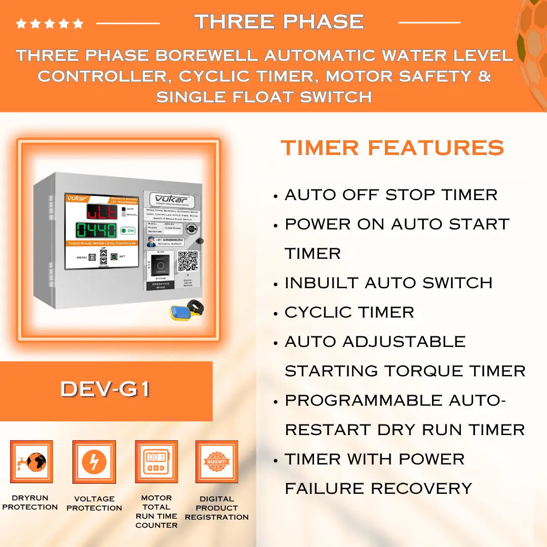Three Phase Borewell Automatic Water Level Controller, Cyclic Timer, Motor Safety & Single Float Switch (DEV-G1) VUKAR