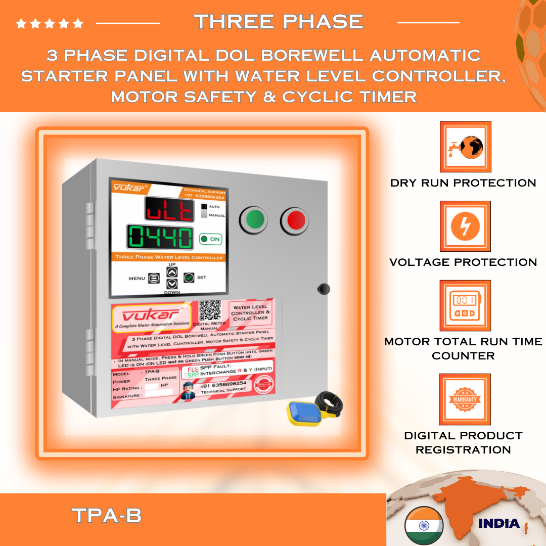 3 Phase Digital DOL Borewell Automatic Starter Panel with Water Level Controller, Motor Safety & Cyclic Timer (TPA-B)