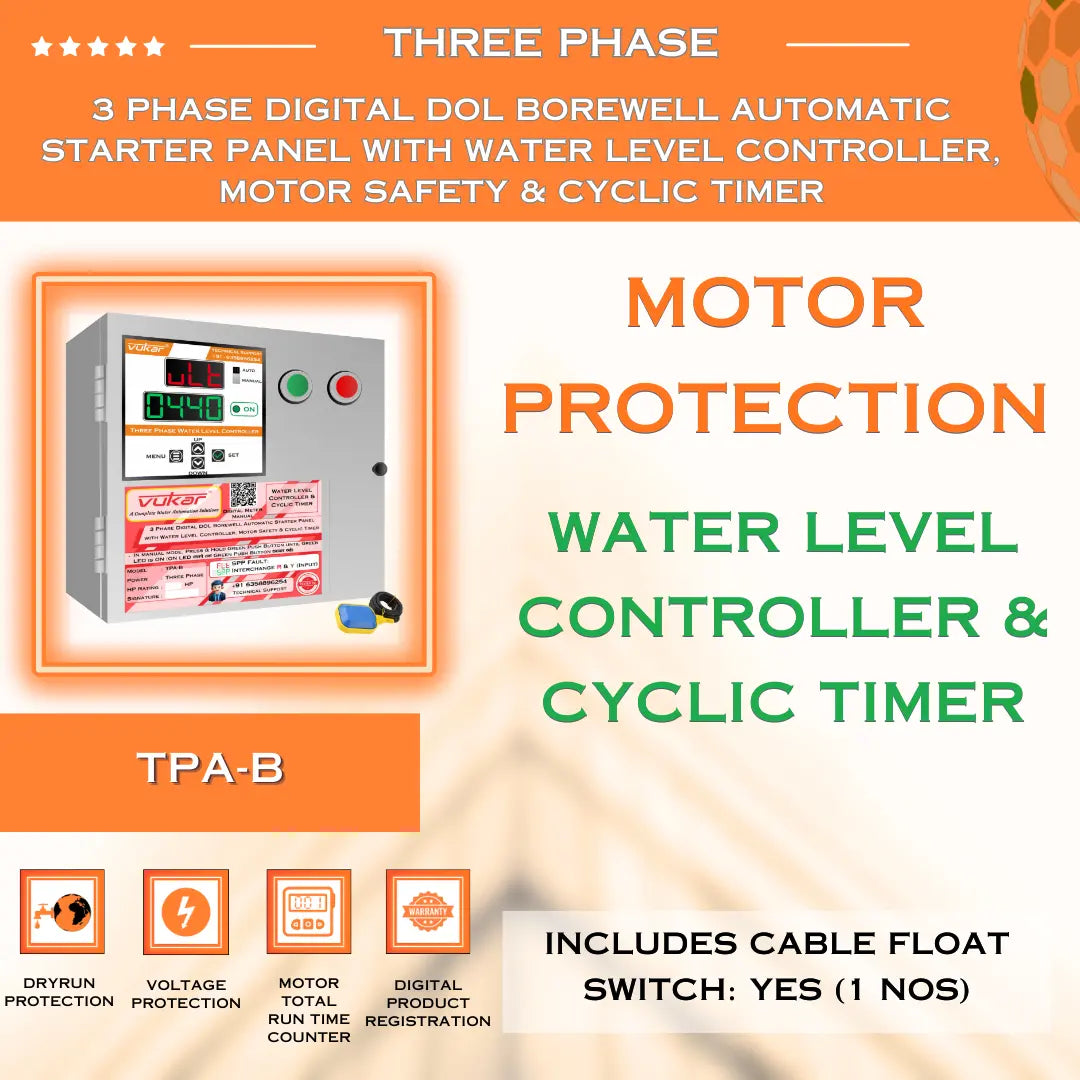3 Phase Digital DOL Borewell Automatic Starter Panel with Water Level Controller,  Motor Safety & Cyclic Timer (TPA-B) VUKAR