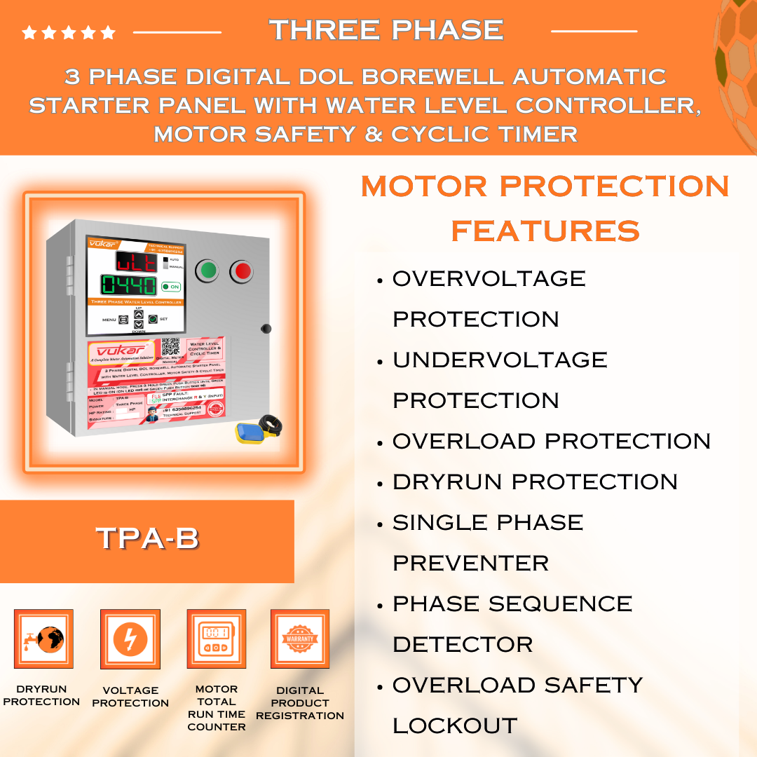 3 Phase Digital DOL Borewell Automatic Starter Panel with Water Level Controller, Motor Safety & Cyclic Timer (TPA-B)