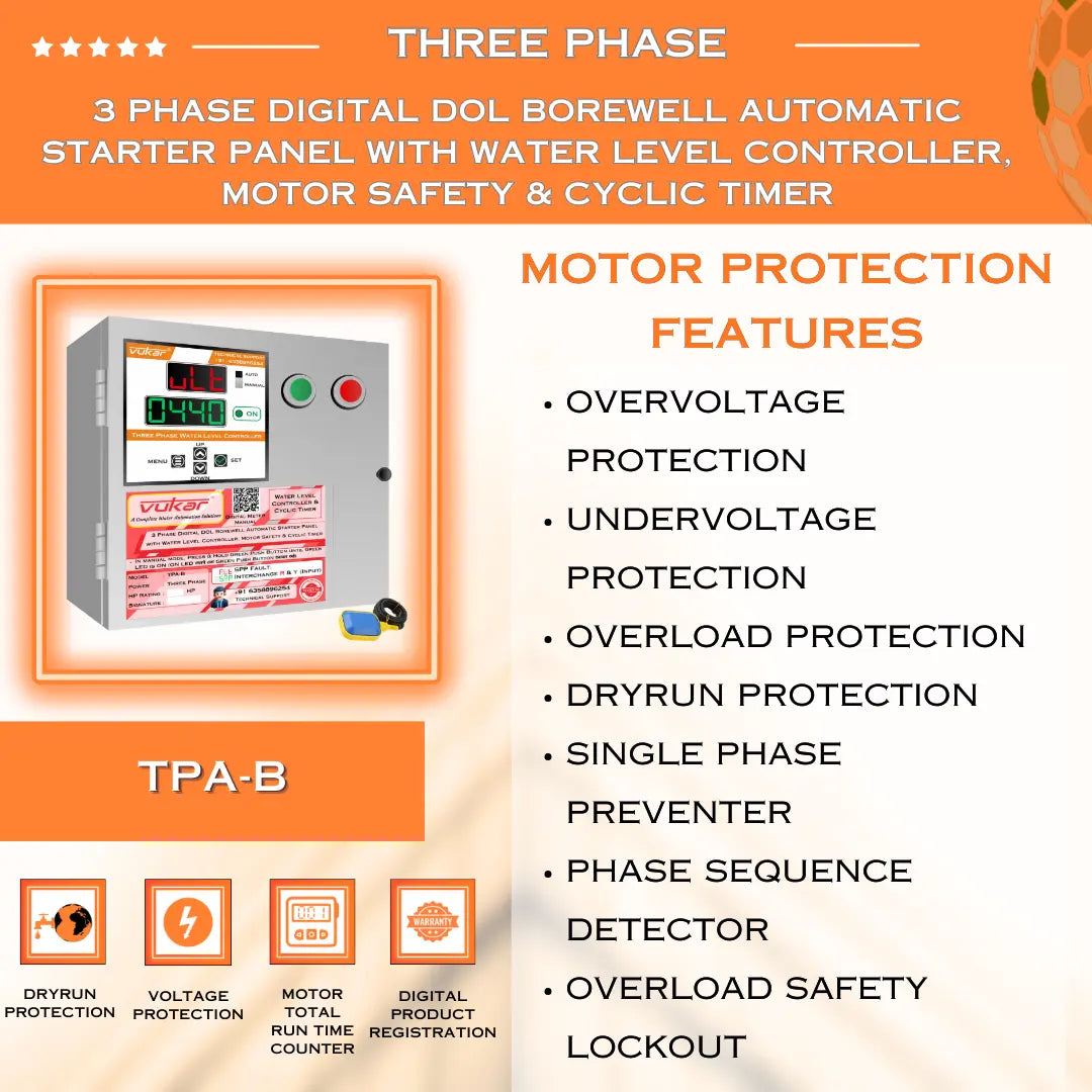 3 Phase Digital DOL Borewell Automatic Starter Panel with Water Level Controller,  Motor Safety & Cyclic Timer (TPA-B) VUKAR