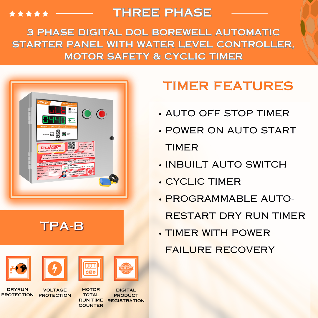 3 Phase Digital DOL Borewell Automatic Starter Panel with Water Level Controller, Motor Safety & Cyclic Timer (TPA-B)
