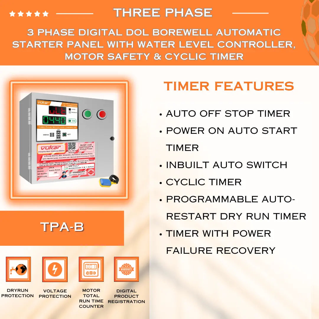 3 Phase Digital DOL Borewell Automatic Starter Panel with Water Level Controller,  Motor Safety & Cyclic Timer (TPA-B) VUKAR
