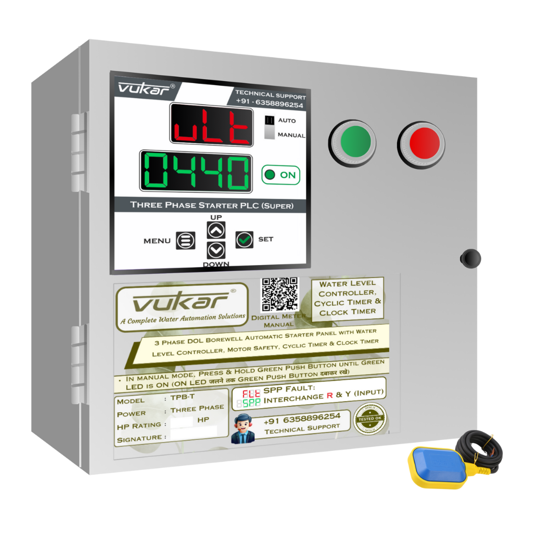 3 Phase DOL Borewell Automatic Starter Panel with Water Level Controller, Motor Safety, Cyclic Timer & Clock Timer (TPB-T)