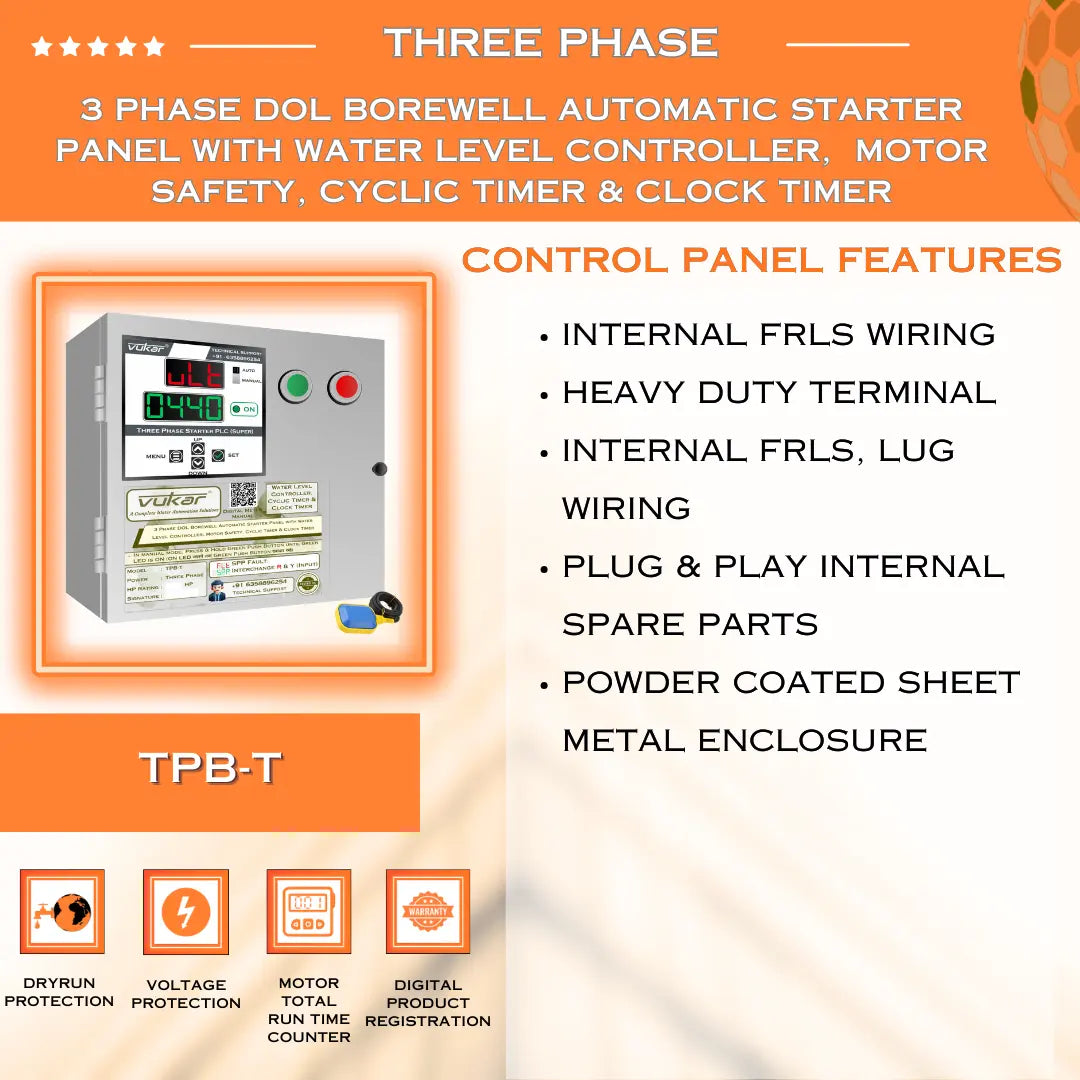 3 Phase DOL Borewell Automatic Starter Panel with Water Level Controller,  Motor Safety, Cyclic Timer & Clock Timer (TPB-T) VUKAR