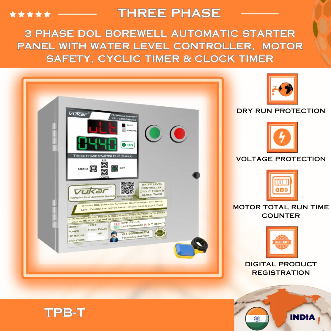 3 Phase DOL Borewell Automatic Starter Panel with Water Level Controller,  Motor Safety, Cyclic Timer & Clock Timer (TPB-T) VUKAR