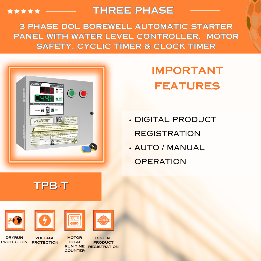 3 Phase DOL Borewell Automatic Starter Panel with Water Level Controller, Motor Safety, Cyclic Timer & Clock Timer (TPB-T)