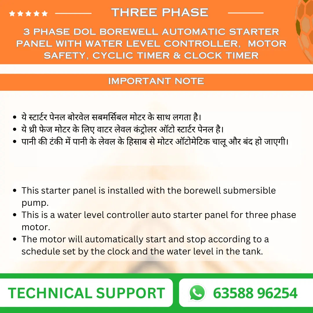 3 Phase DOL Borewell Automatic Starter Panel with Water Level Controller,  Motor Safety, Cyclic Timer & Clock Timer (TPB-T) VUKAR