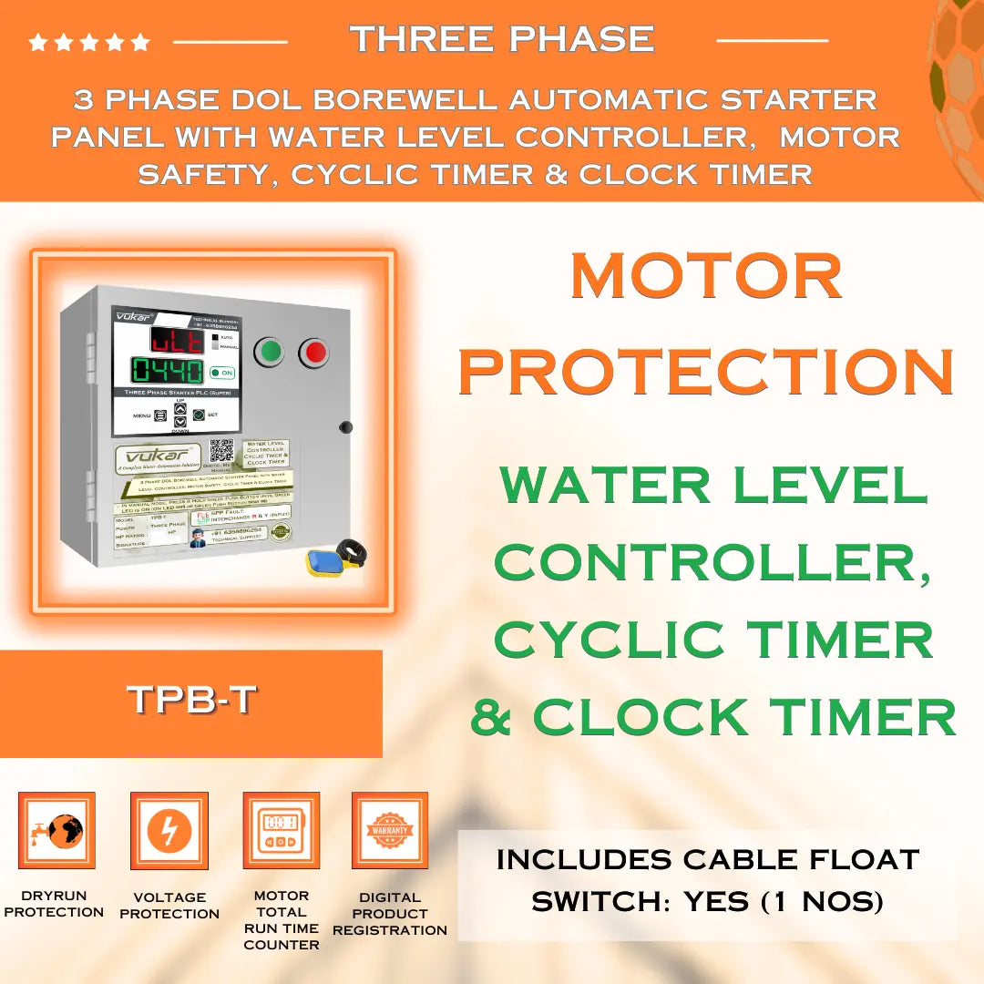 3 Phase DOL Borewell Automatic Starter Panel with Water Level Controller,  Motor Safety, Cyclic Timer & Clock Timer (TPB-T) VUKAR