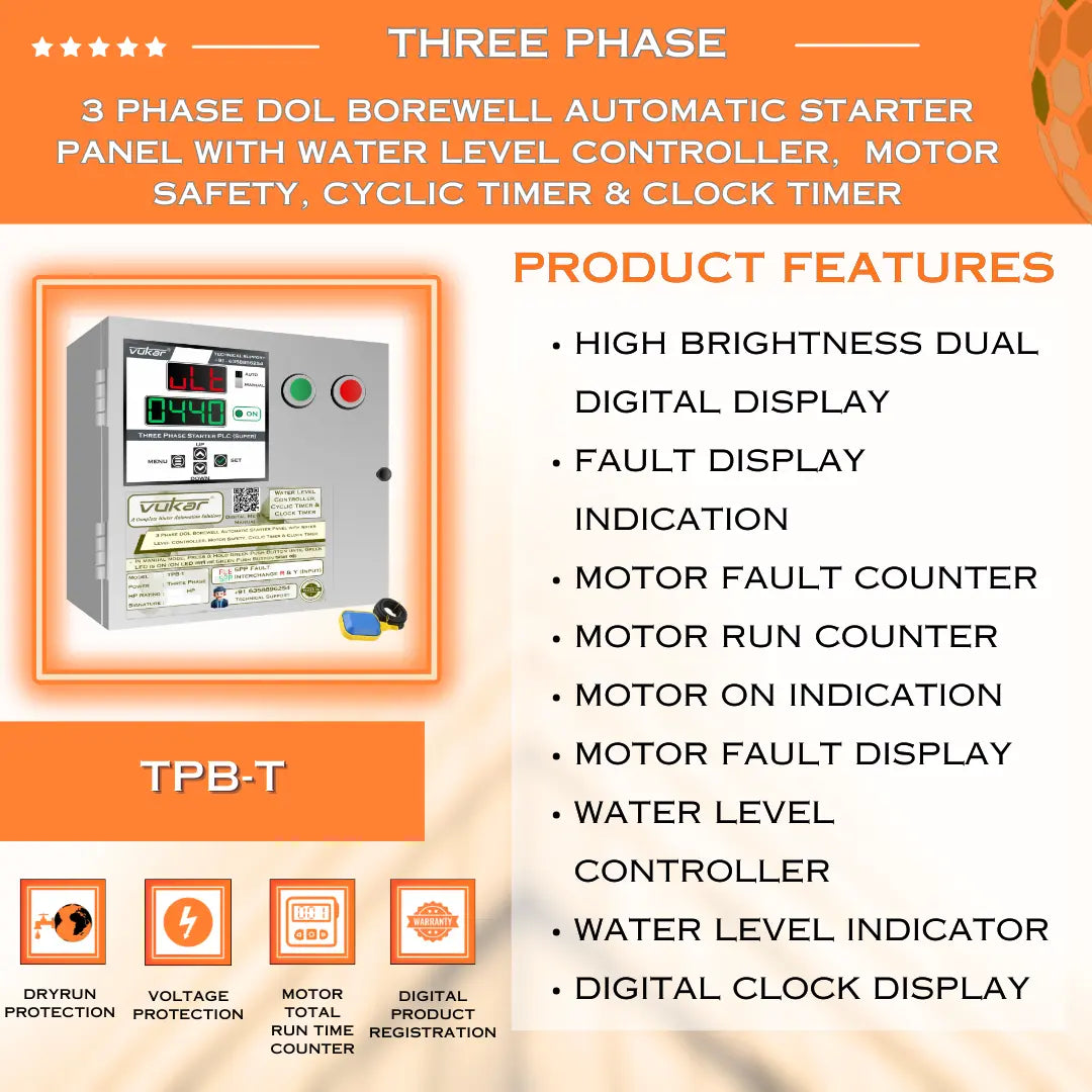 3 Phase DOL Borewell Automatic Starter Panel with Water Level Controller,  Motor Safety, Cyclic Timer & Clock Timer (TPB-T) VUKAR