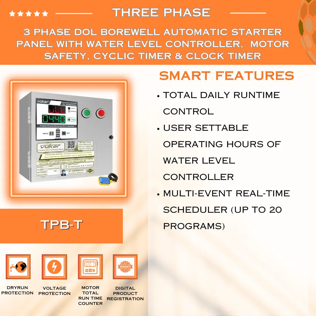 3 Phase DOL Borewell Automatic Starter Panel with Water Level Controller,  Motor Safety, Cyclic Timer & Clock Timer (TPB-T) VUKAR