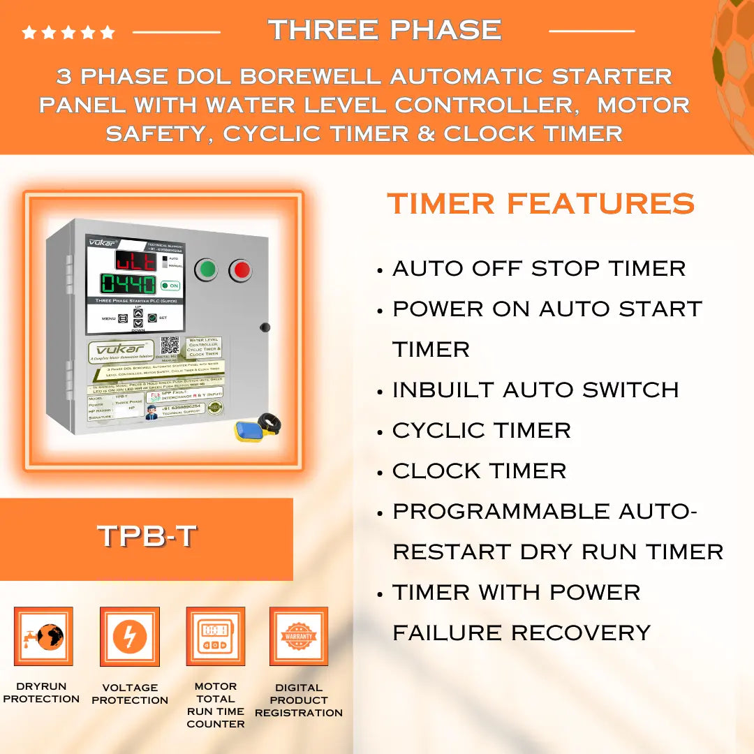 3 Phase DOL Borewell Automatic Starter Panel with Water Level Controller,  Motor Safety, Cyclic Timer & Clock Timer (TPB-T) VUKAR