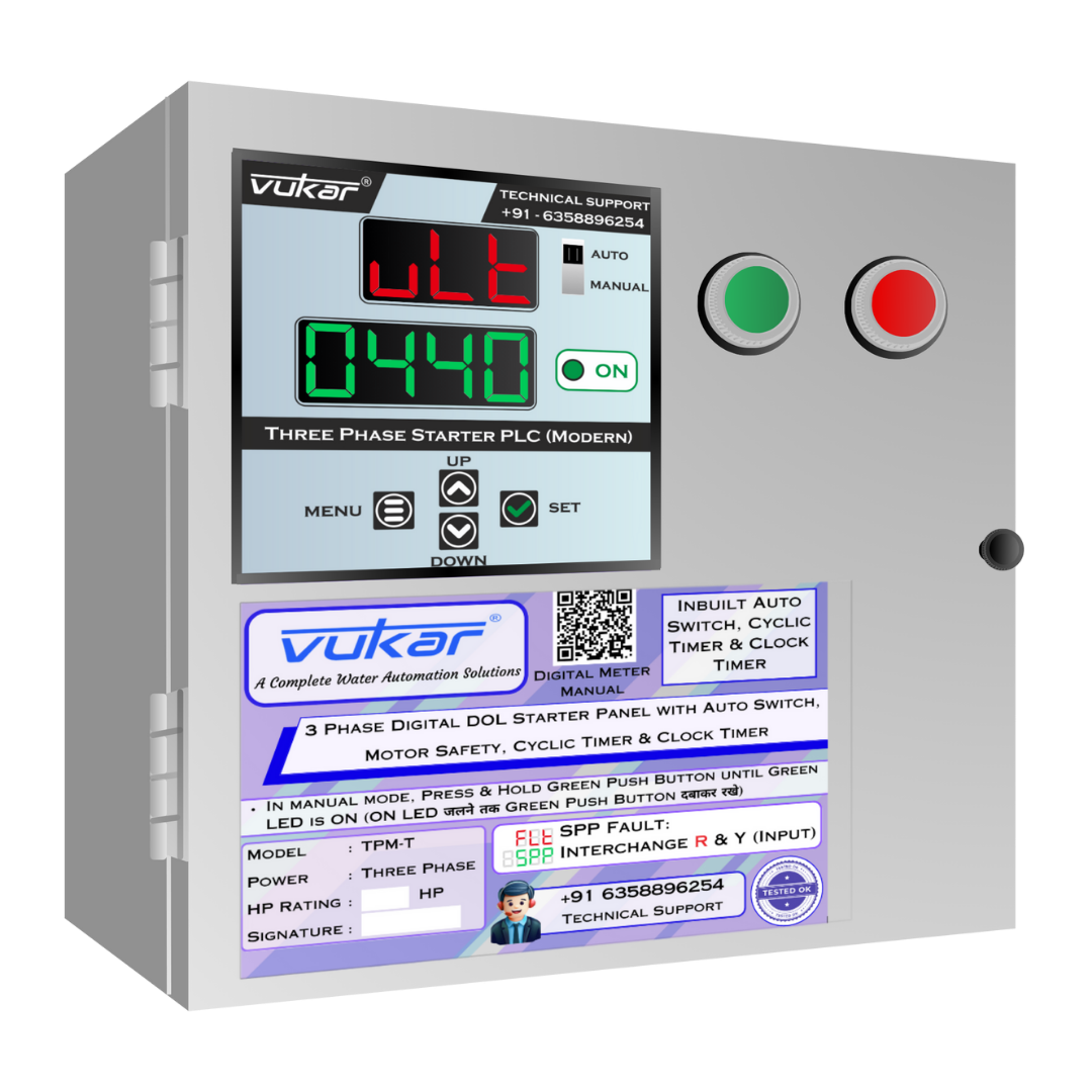 3 Phase Digital DOL Starter Panel with Auto Switch, Motor Safety, Cyclic Timer & Clock Timer (TPM-T)
