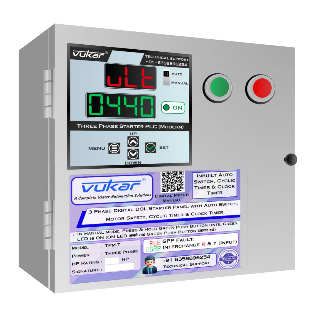 3 Phase Digital DOL Starter Panel with Auto Switch, Motor Safety, Cyclic Timer & Clock Timer (TPM-T) VUKAR
