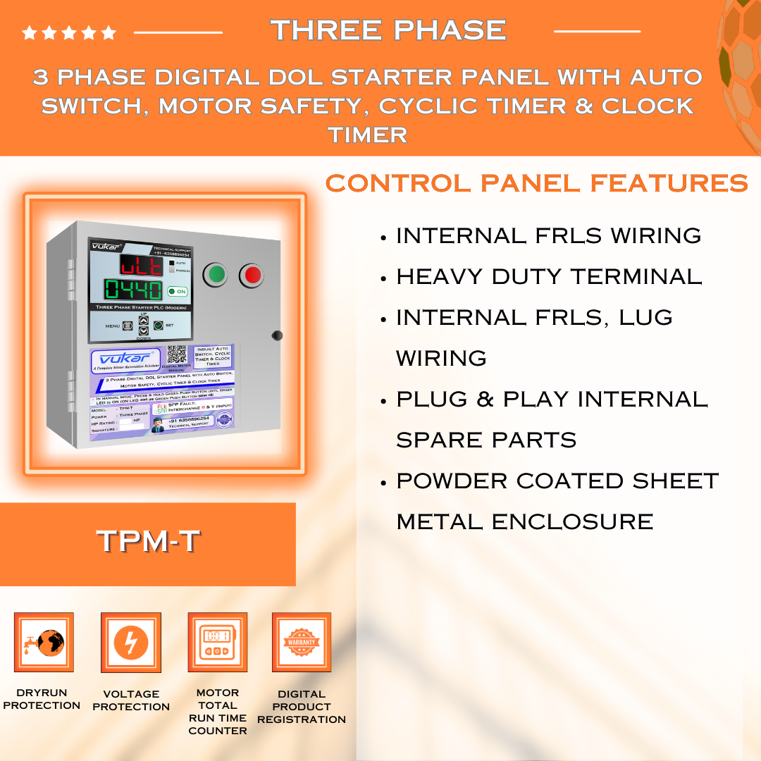 3 Phase Digital DOL Starter Panel with Auto Switch, Motor Safety, Cyclic Timer & Clock Timer (TPM-T)