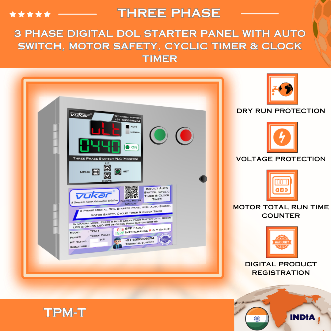 3 Phase Digital DOL Starter Panel with Auto Switch, Motor Safety, Cyclic Timer & Clock Timer (TPM-T)
