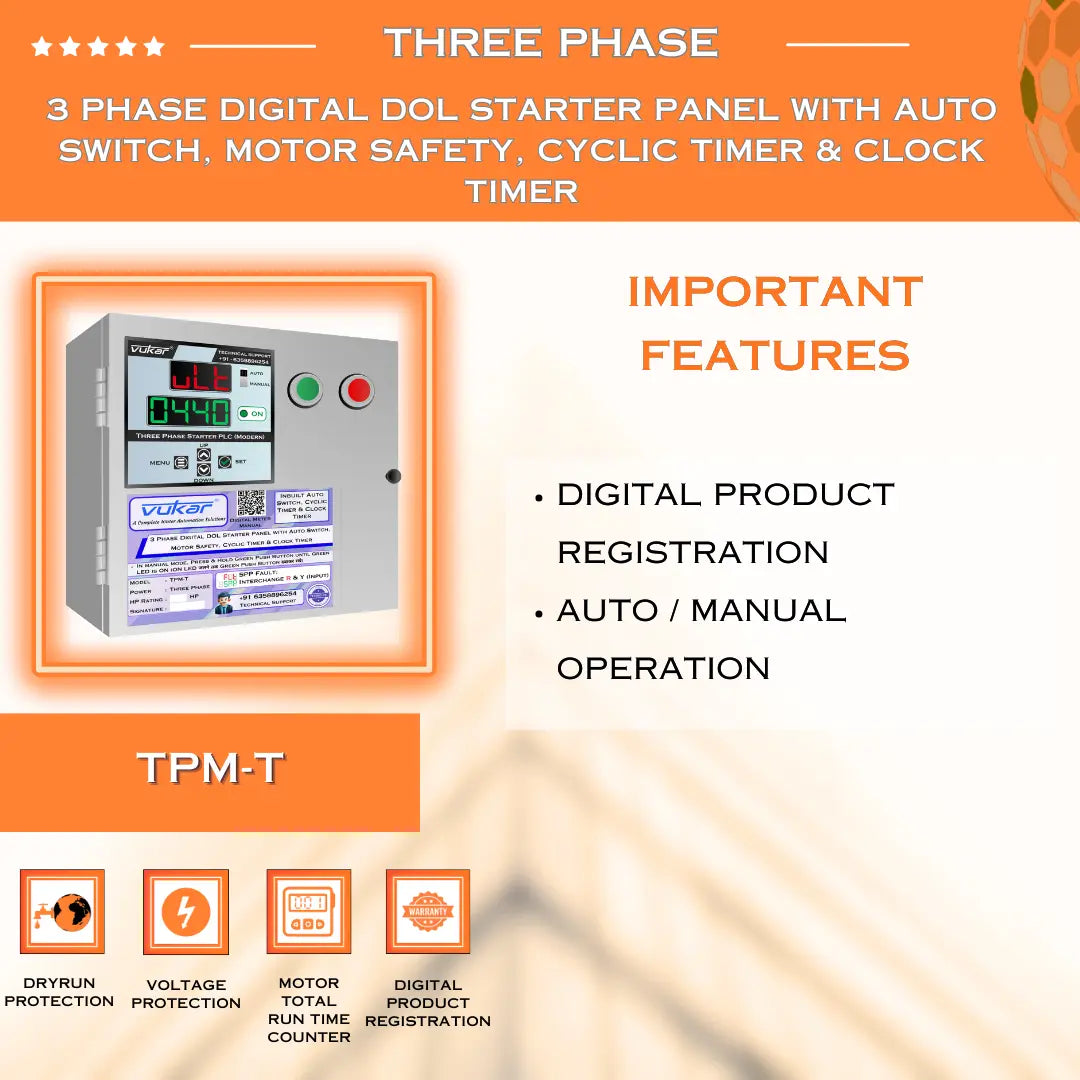 3 Phase Digital DOL Starter Panel with Auto Switch, Motor Safety, Cyclic Timer & Clock Timer (TPM-T) VUKAR
