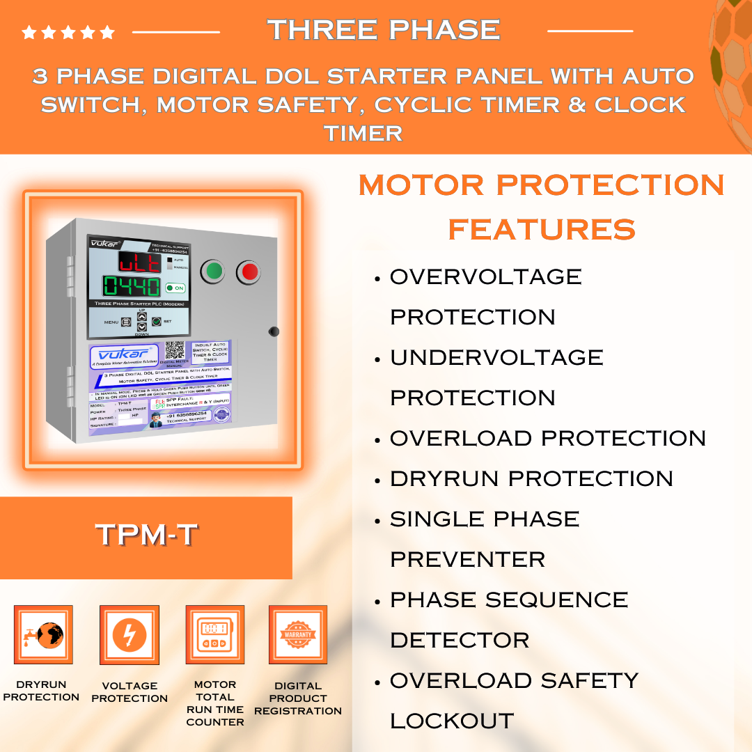 3 Phase Digital DOL Starter Panel with Auto Switch, Motor Safety, Cyclic Timer & Clock Timer (TPM-T)