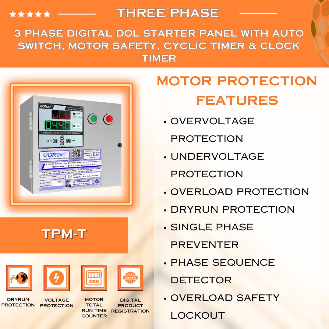 3 Phase Digital DOL Starter Panel with Auto Switch, Motor Safety, Cyclic Timer & Clock Timer (TPM-T) VUKAR