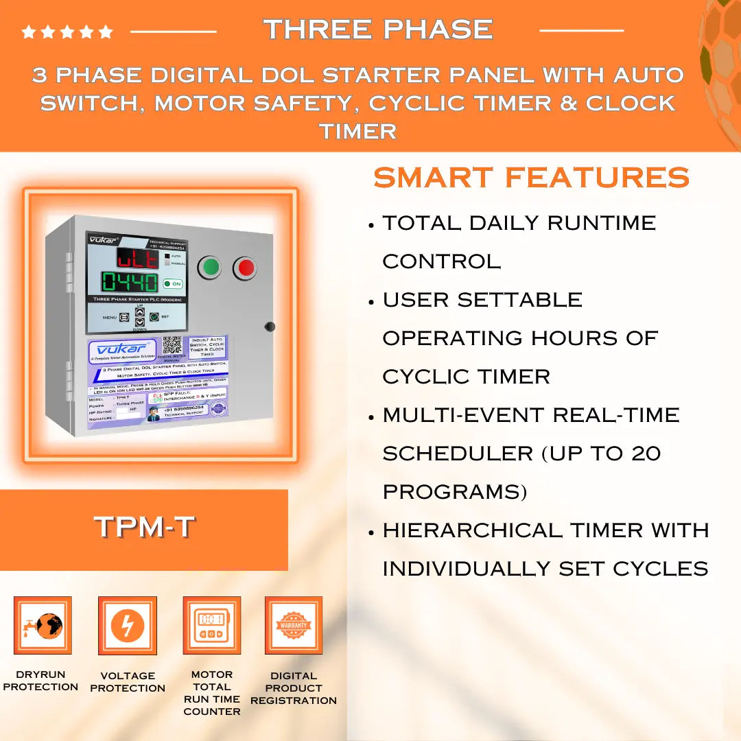 3 Phase Digital DOL Starter Panel with Auto Switch, Motor Safety, Cyclic Timer & Clock Timer (TPM-T) VUKAR