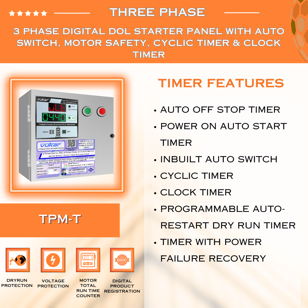 3 Phase Digital DOL Starter Panel with Auto Switch, Motor Safety, Cyclic Timer & Clock Timer (TPM-T)