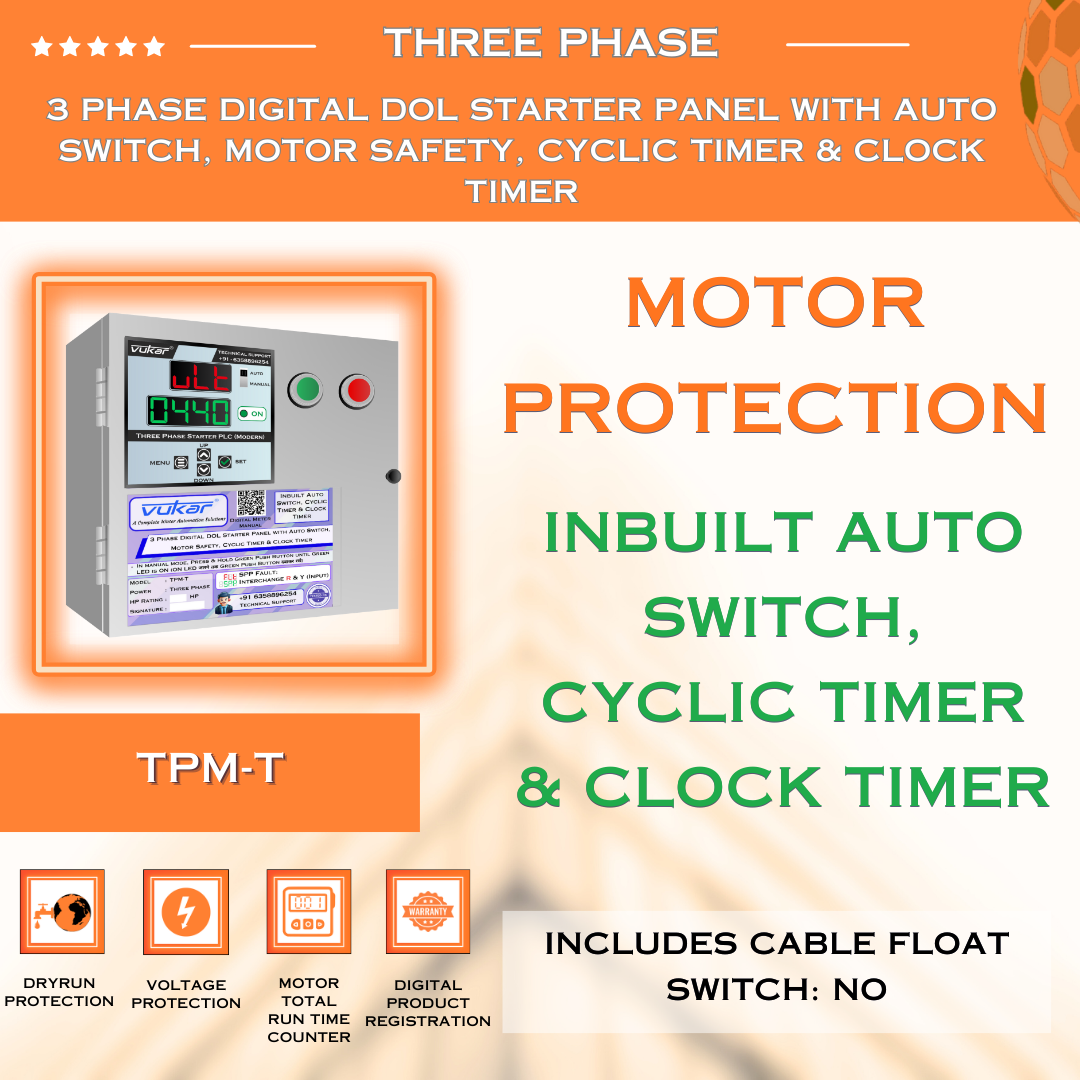 3 Phase Digital DOL Starter Panel with Auto Switch, Motor Safety, Cyclic Timer & Clock Timer (TPM-T)