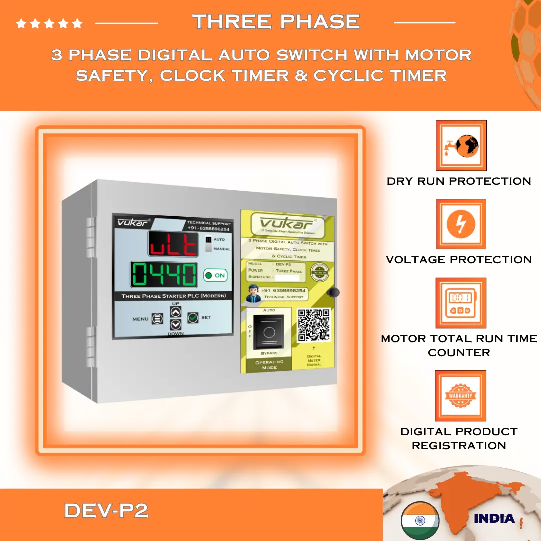 3 Phase Digital Auto Switch with Motor Safety, Clock Timer & Cyclic Timer (DEV-P2) VUKAR