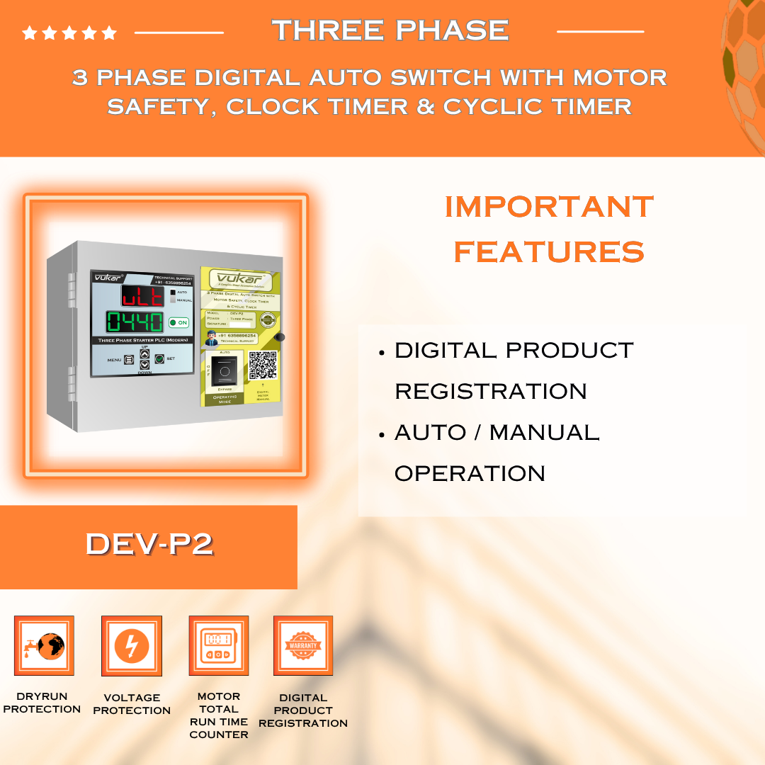 3 Phase Digital Auto Switch with Motor Safety, Clock Timer & Cyclic Timer (DEV-P2)
