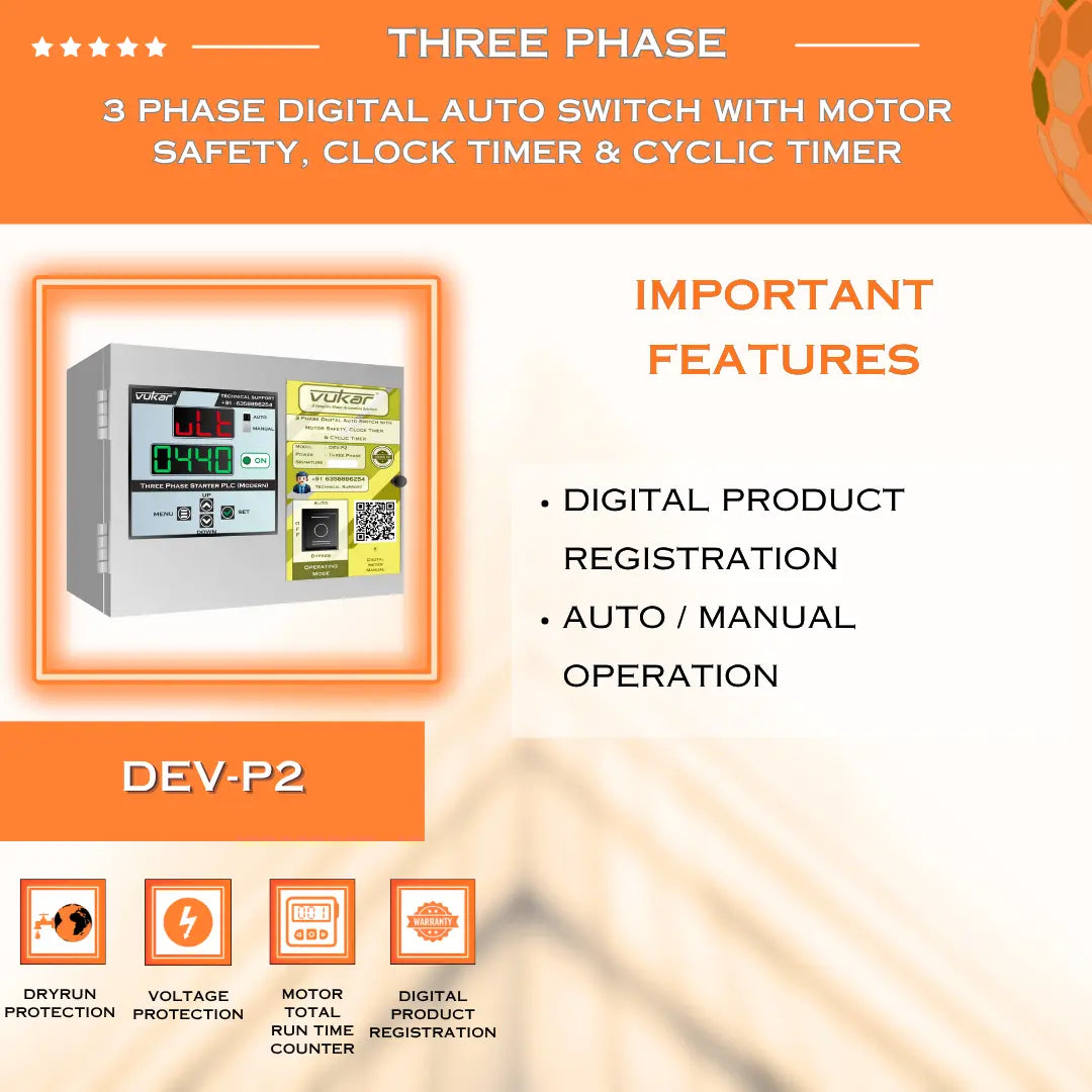 3 Phase Digital Auto Switch with Motor Safety, Clock Timer & Cyclic Timer (DEV-P2) VUKAR