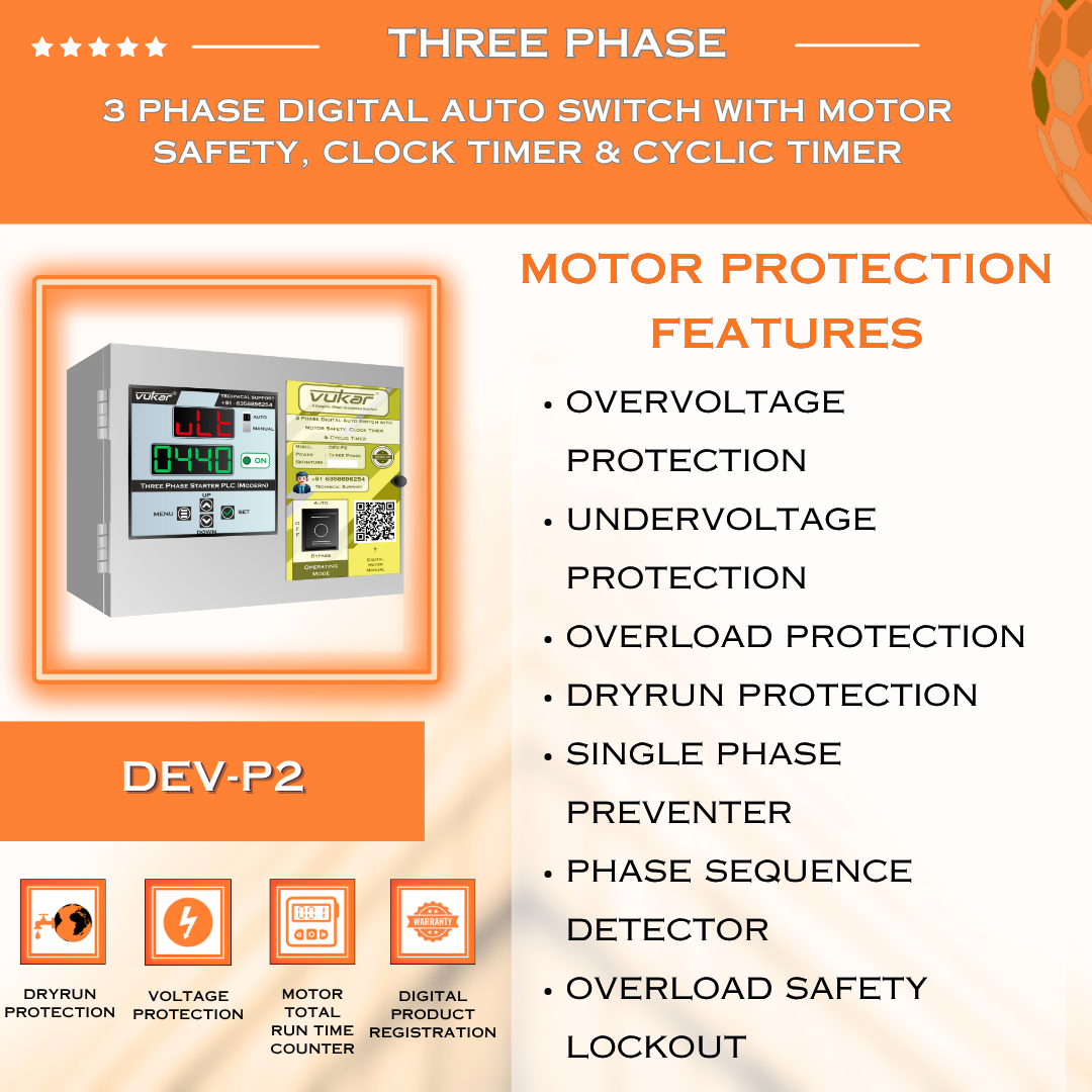 3 Phase Digital Auto Switch with Motor Safety, Clock Timer & Cyclic Timer (DEV-P2)