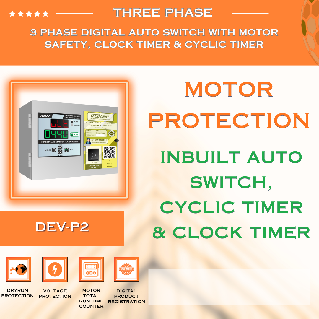3 Phase Digital Auto Switch with Motor Safety, Clock Timer & Cyclic Timer (DEV-P2)
