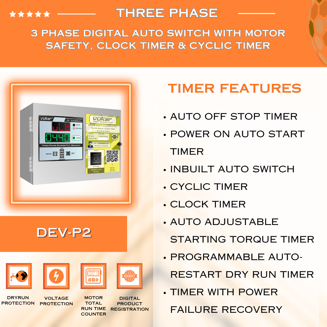 3 Phase Digital Auto Switch with Motor Safety, Clock Timer & Cyclic Timer (DEV-P2)