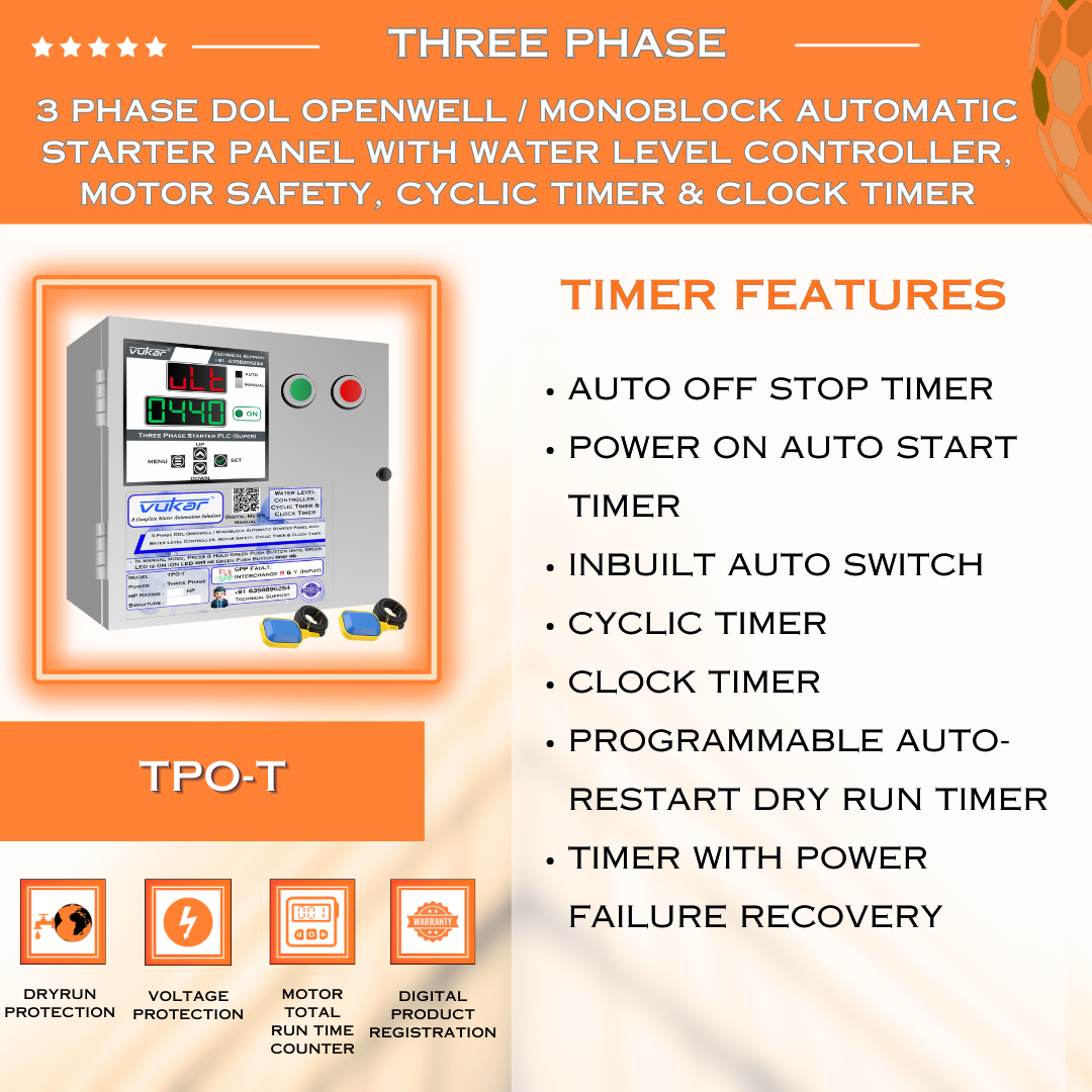 3 Phase DOL Openwell / Monoblock Automatic Starter Panel with Water Level Controller, Motor Safety, Cyclic Timer & Clock Timer (TPO-T)