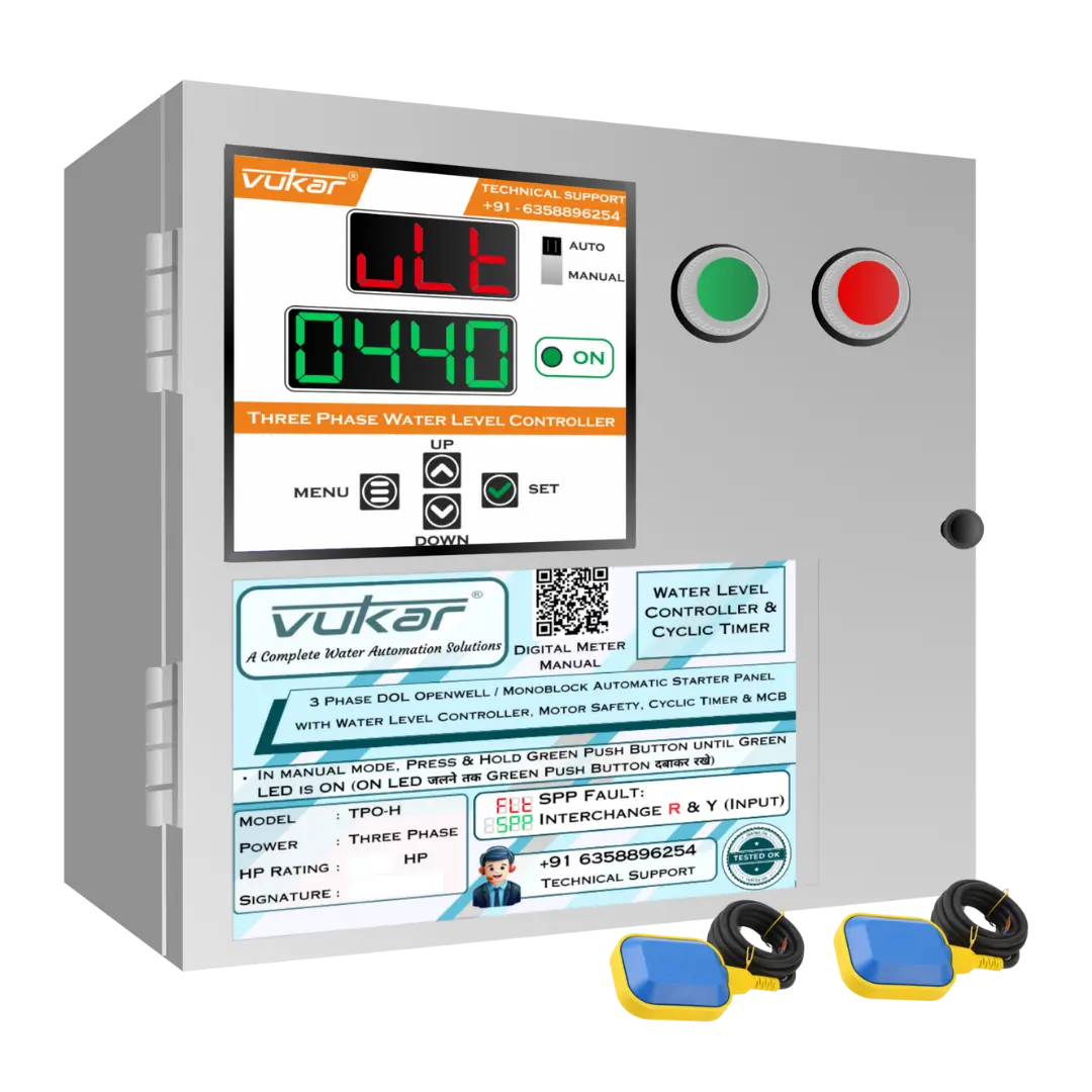 3 Phase DOL Openwell / Monoblock Automatic Starter Panel with Water Level Controller,  Motor Safety, Cyclic Timer & MCB (TPO-H) VUKAR