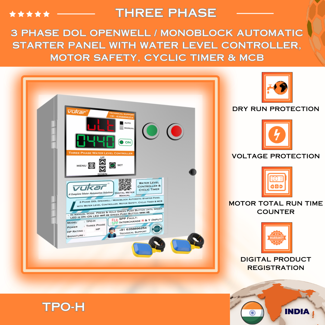 3 Phase DOL Openwell / Monoblock Automatic Starter Panel with Water Level Controller, Motor Safety, Cyclic Timer & MCB (TPO-H)