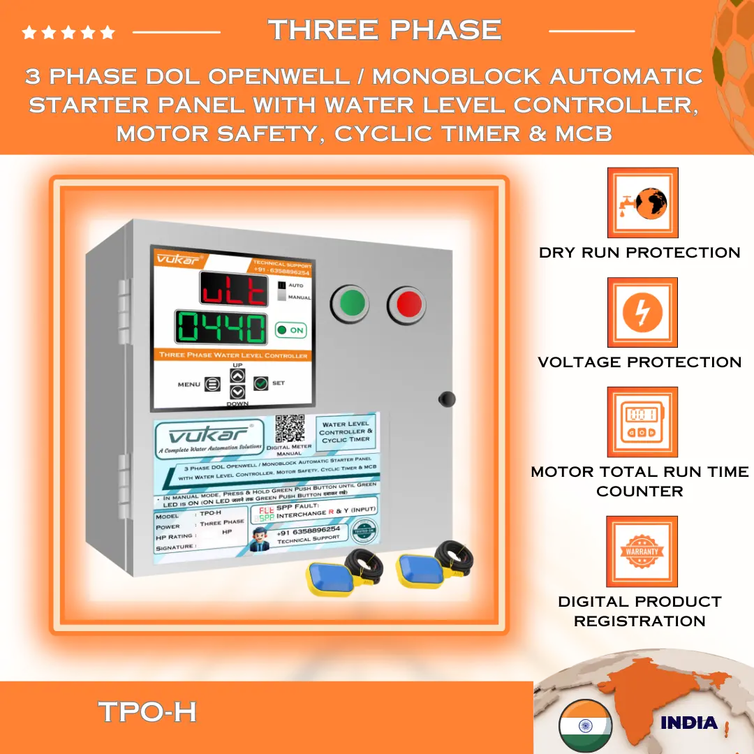 3 Phase DOL Openwell / Monoblock Automatic Starter Panel with Water Level Controller,  Motor Safety, Cyclic Timer & MCB (TPO-H) VUKAR