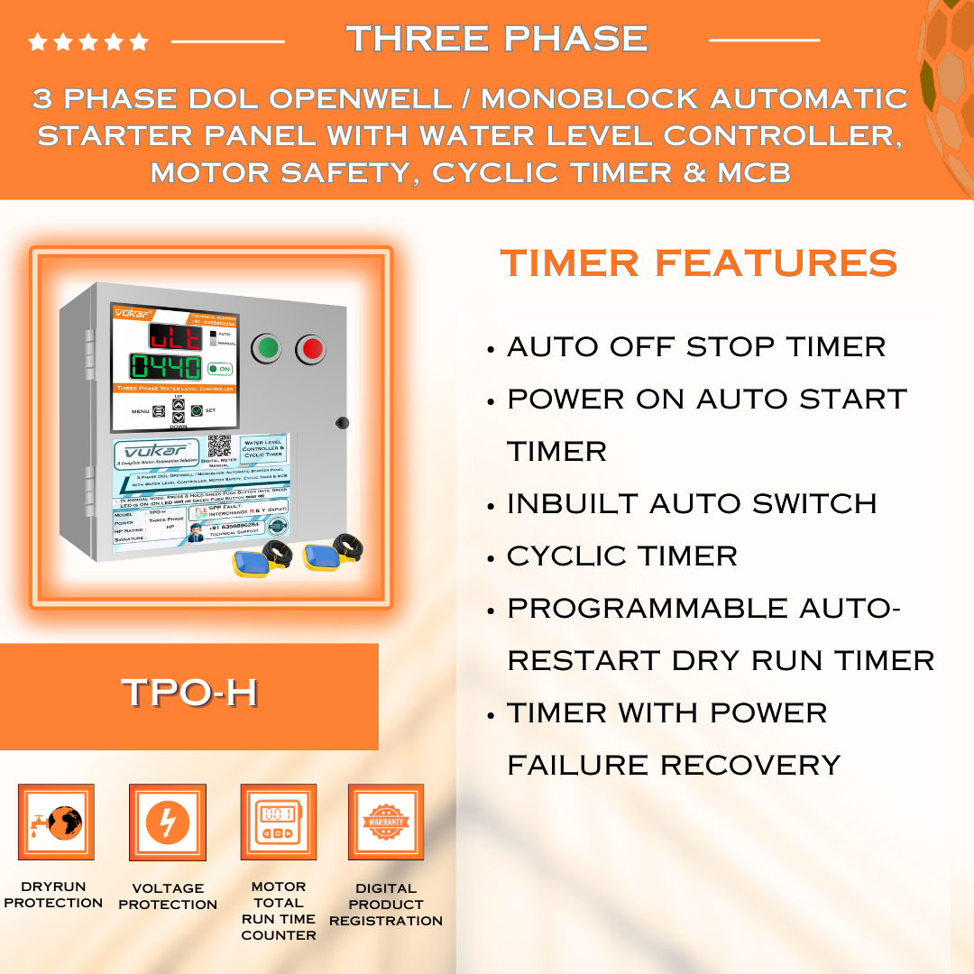 3 Phase DOL Openwell / Monoblock Automatic Starter Panel with Water Level Controller, Motor Safety, Cyclic Timer & MCB (TPO-H)