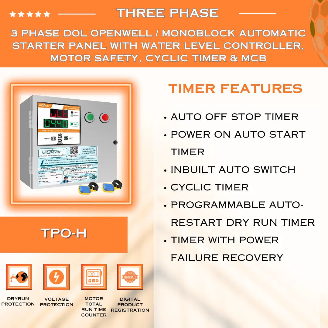 3 Phase DOL Openwell / Monoblock Automatic Starter Panel with Water Level Controller,  Motor Safety, Cyclic Timer & MCB (TPO-H) VUKAR