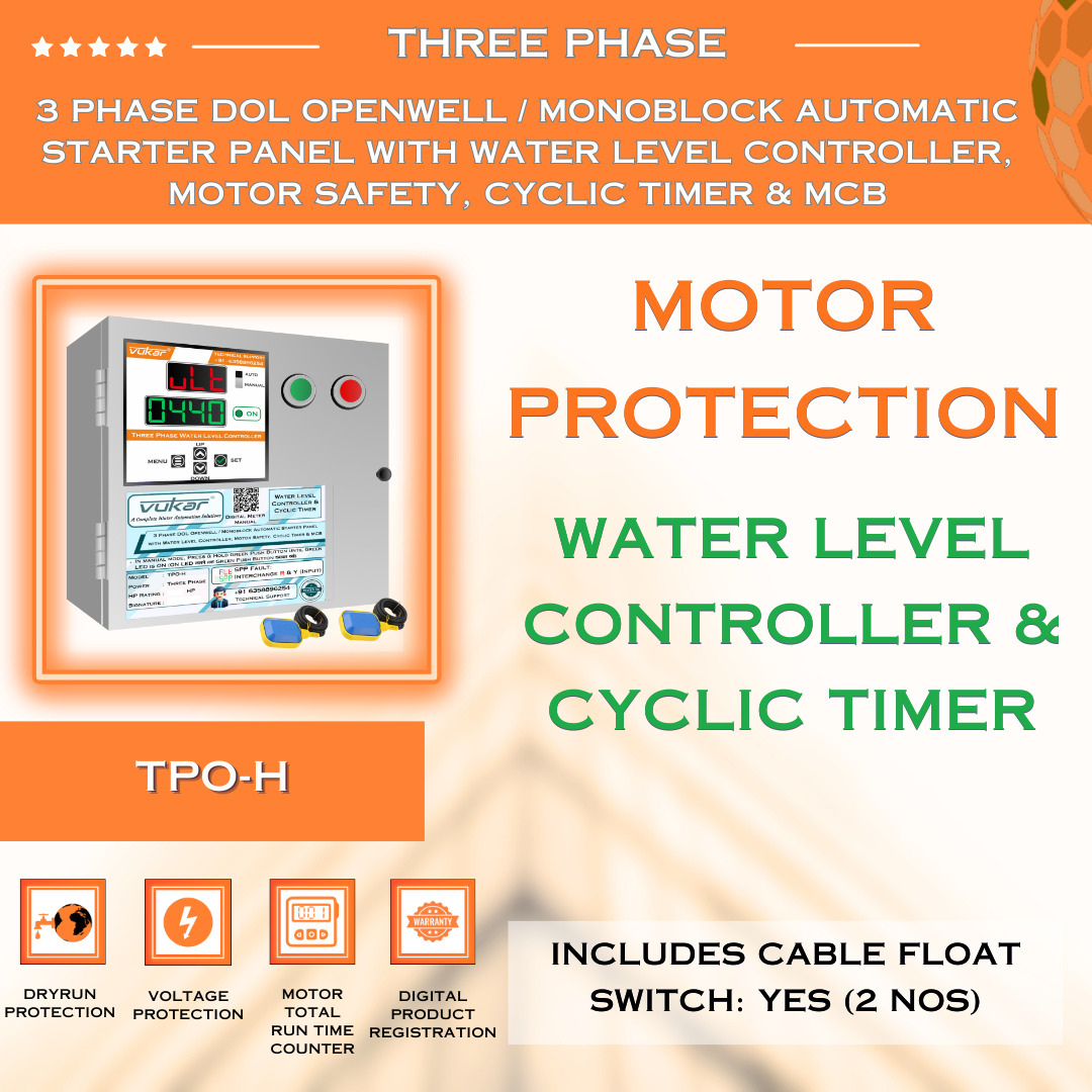 3 Phase DOL Openwell / Monoblock Automatic Starter Panel with Water Level Controller, Motor Safety, Cyclic Timer & MCB (TPO-H)