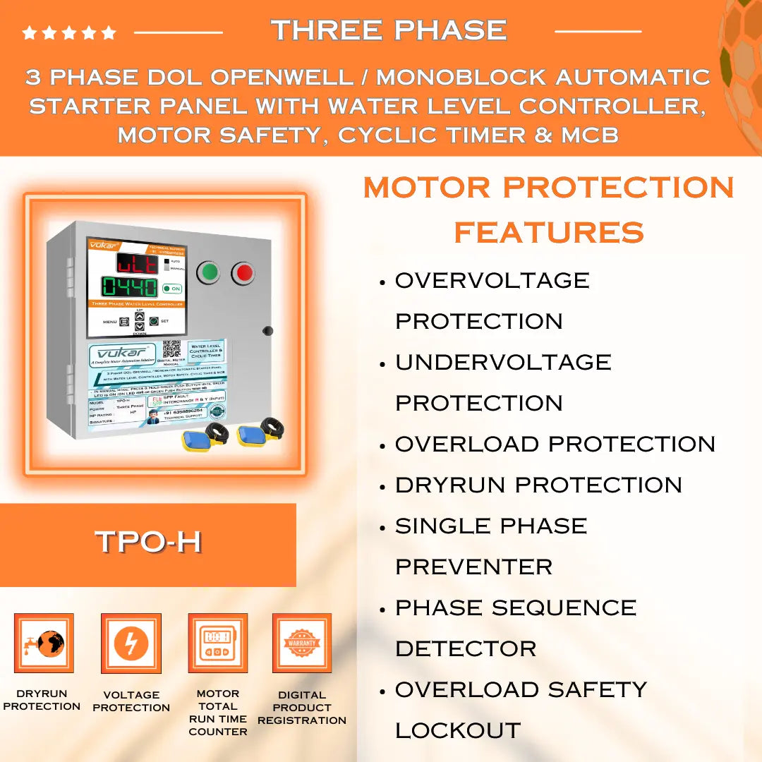 3 Phase DOL Openwell / Monoblock Automatic Starter Panel with Water Level Controller,  Motor Safety, Cyclic Timer & MCB (TPO-H) VUKAR