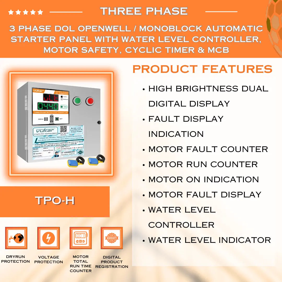 3 Phase DOL Openwell / Monoblock Automatic Starter Panel with Water Level Controller,  Motor Safety, Cyclic Timer & MCB (TPO-H) VUKAR
